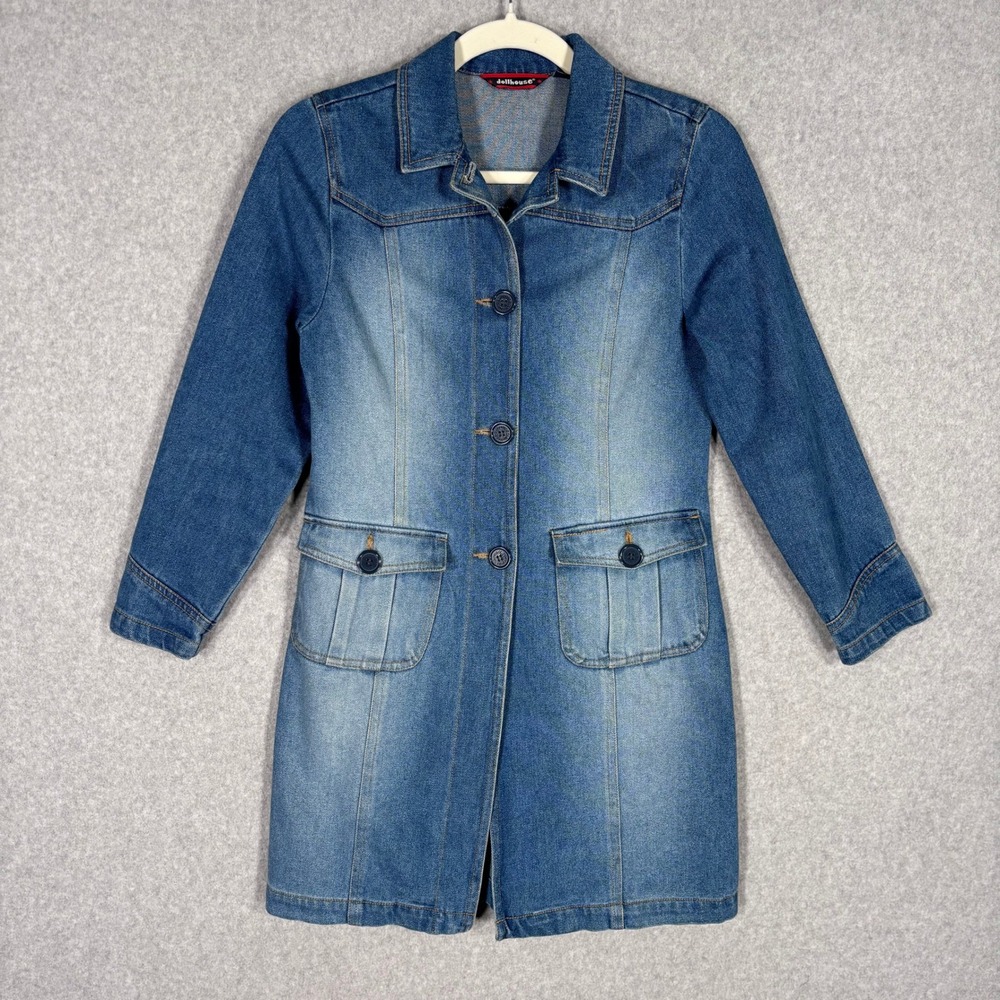 Vintage Y2K‎ Dollhouse Denim Trench Coat Jacket Medium Duster Jean Festival 70s